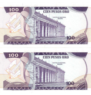 Colombia 100 Pesos Oro 1977 Pick 418 (5 Consecutivos-9 dígitos) NO UNC